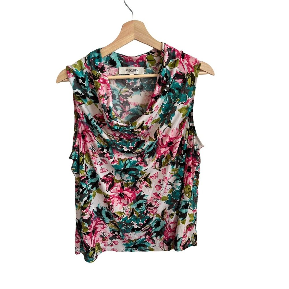 Jones Studio Floral Sleeveless Top Blouse Women's Size XL Pink Blue Cowl Neck